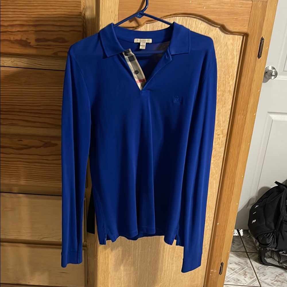 Burberry Royal Blue Long Sleeve Polo with Signature Check Trim